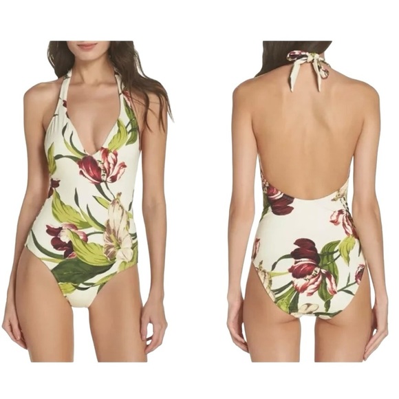 ROBIN PICCONE Moana Floral Plunge One Piece Halter Swimsuit - Picture 1 of 11